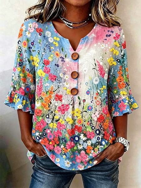 

Half Sleeve Floral Lightweight Loose Shirt For Women, As picture, Blouses
