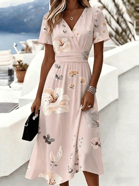 Women Floral Summer Dress V Neck Short Sleeve Beach Dress A-Line Dress