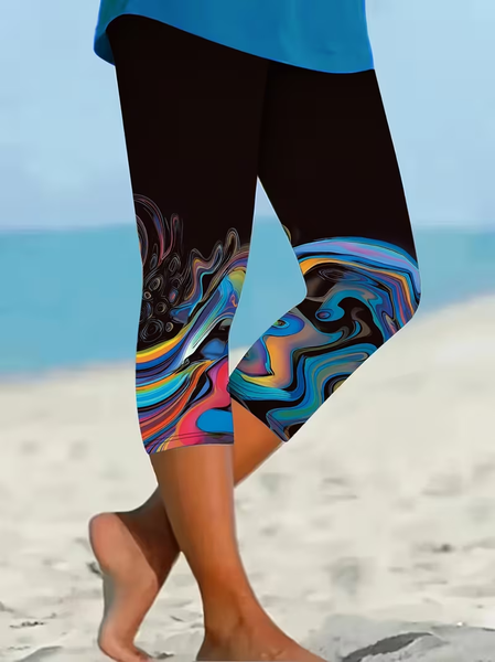 

Women Abstract Capris Elastic Waist Pants Casual Summer Trousers, Black, Leggings