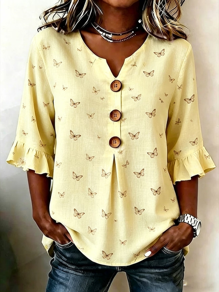 V Neck Half Sleeve Butterfly Printing Regular Micro-Elasticity Regular Fit Blouse For Women