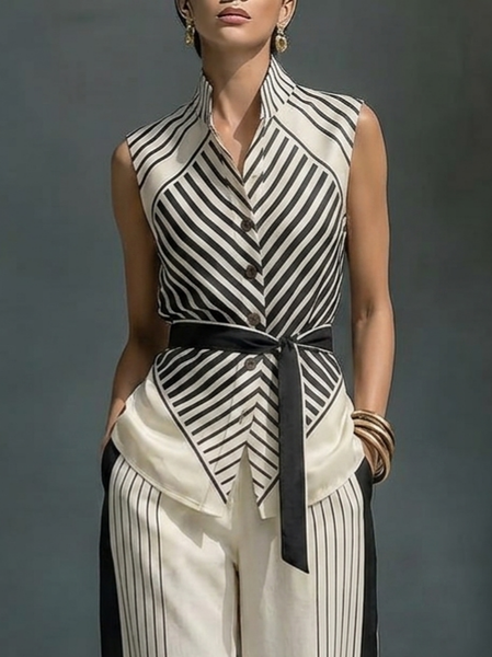

Satin Urban Striped Printing Shawl Collar Tank Top With Belt, Black-white, Tanks and Camis