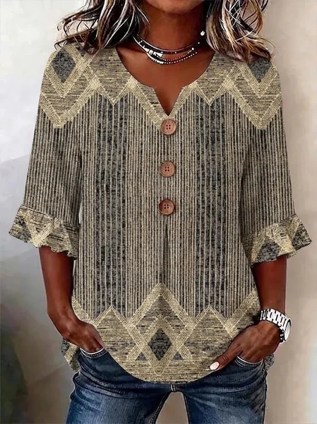 

V Neck Half Sleeve Abstract Printing Regular Micro-Elasticity Regular Fit Blouse For Women, Brown, Blouses