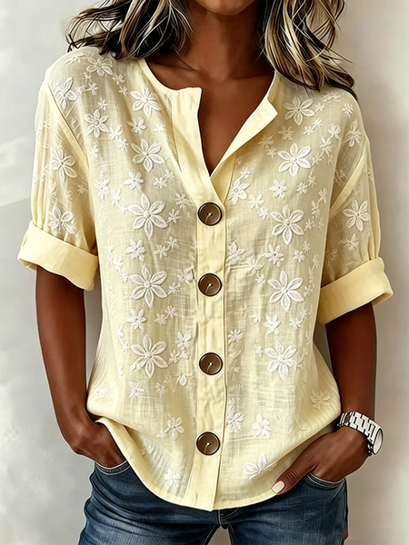 

Stand Collar Long Sleeve Floral Regular Loose Shirt For Women, Beige, Shirts
