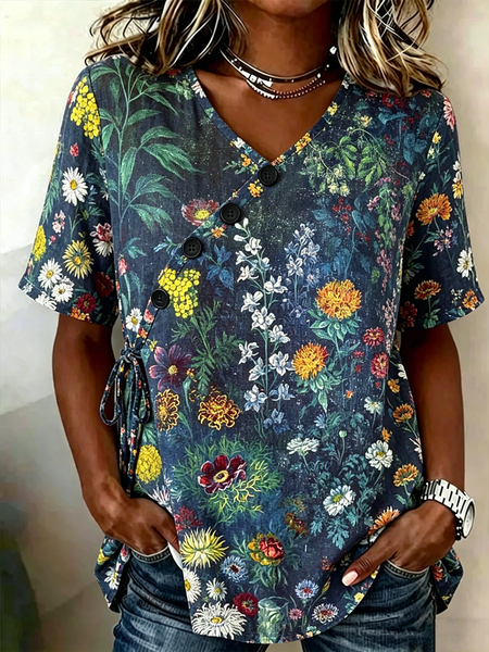 Crew Neck Half Sleeve Floral Lightweight Loose Shirt For Women, As picture, Shirts