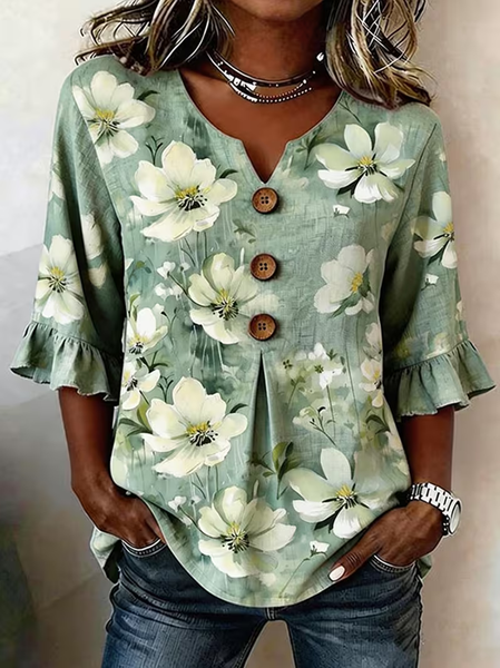 

Women Floral V Neck Half Sleeve Blouse Printing Vintage Daily Summer Top, Green, Blouses