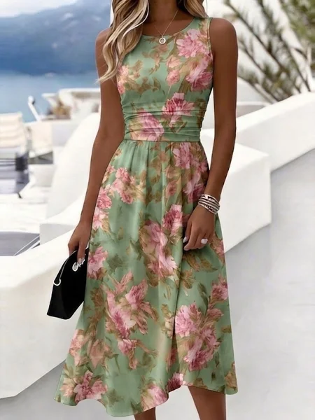 

Women Floral Summer Dress Crew Neck Sleeveless A-Line Dress, Green, Dresses
