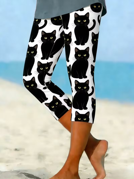 

Women Cat Capris Elastic Waist Pants Casual Summer Trousers, Black, Leggings