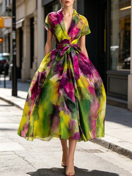 Elegant Random Print Printing Shawl Collar Midi Dress With Belt