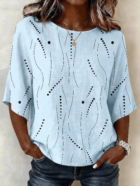 Crew Neck Half Sleeve Striped Lightweight Loose Shirt For Women