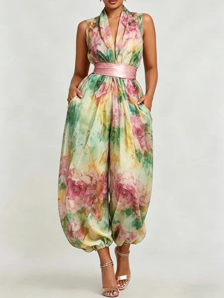 Urban Floral V Neck Jumpsuit With Belt