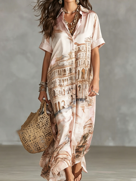 

Casual Nationality/ethnic Shirt Collar Maxi Dress, As picture, Maxi Dresses