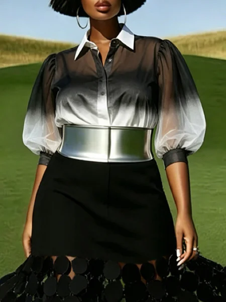 

Urban Gradient Pattern Printing Shirt Collar Puff Sleeve Shirt No With Camisole, Black-white, Blouses and Shirts