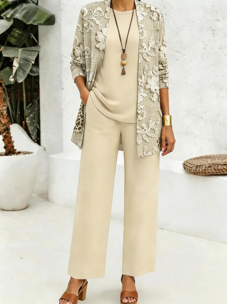 Women Floral Matching Outfit Daily Long Sleeve Elegant Spring/Fall Top With Pants Matching Set