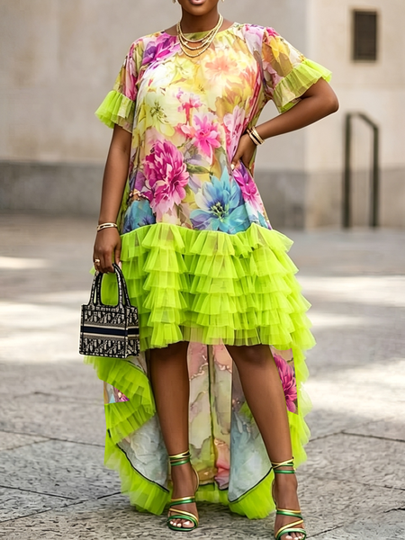 

Elegant Color Block Crew Neck Maxi Dress, As picture, Maxi Dresses