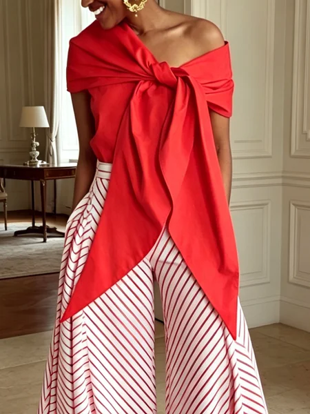 Elegant Plain Knot Front Asymmetrical Blouse
