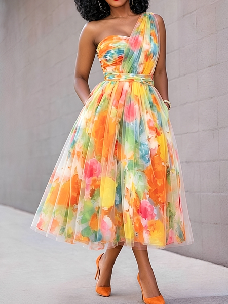 Elegant Floral Irregular Craftsmanship One Shoulder Midi Dress