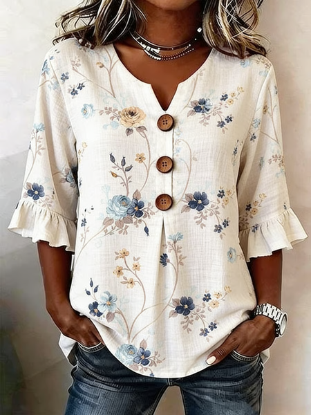 JustFashion – Women Floral V Neck Half Sleeve Blouse Printing Vintage Daily Summer Top