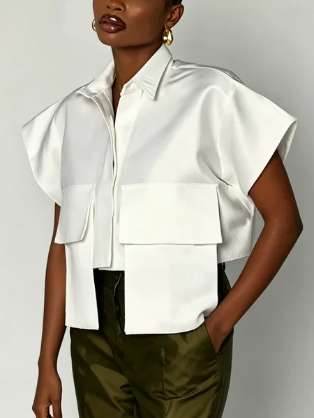 Urban Plain Pockets Shirt Collar Shirt