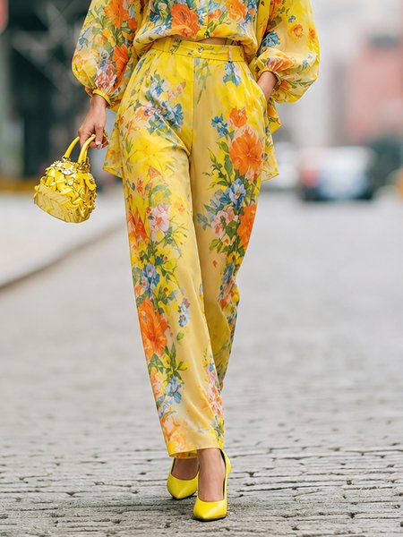 

Urban Floral Printing Straight Pants, Yellow, Pants