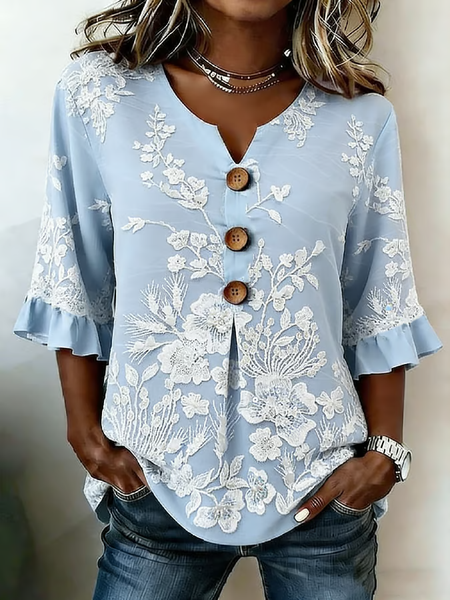 

Women Floral V Neck Half Sleeve Blouse Printing Vintage Daily Summer Top, Blue, Blouses