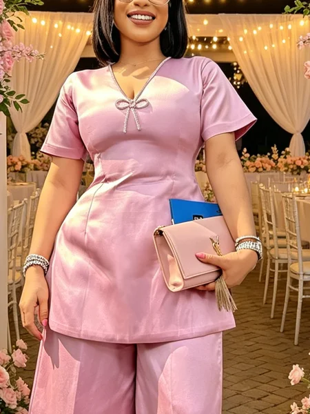 Satin Elegant Plain Bow V Neck Blouse