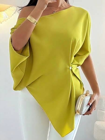 

Plus Size Casual Plain Buttoned Crew Neck Blouse, Green, Plus Tops