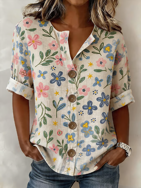 

Women Floral Stand Collar Long Sleeve Shirt Buckle Casual Daily Spring/Fall Top, As picture, Shirts