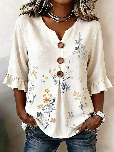 

V Neck Half Sleeve Floral Printing Regular Micro-Elasticity Regular Fit Blouse For Women, Apricot, Blouses