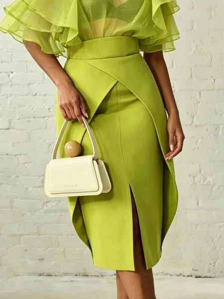 Elegant Slit Plain Midi Skirt