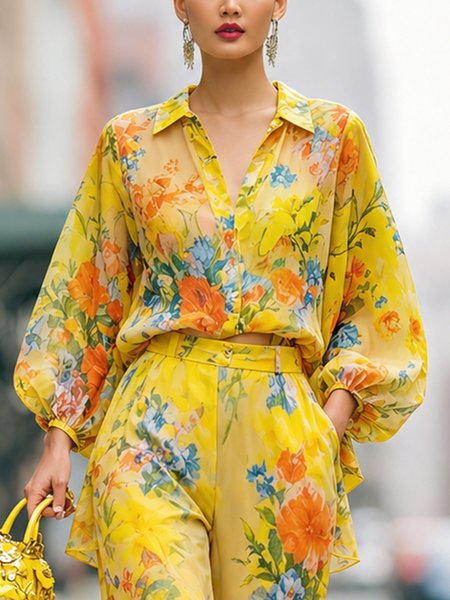 

Urban Floral Printing Balloon Sleeve Shirt, Yellow, Blouses and Shirts