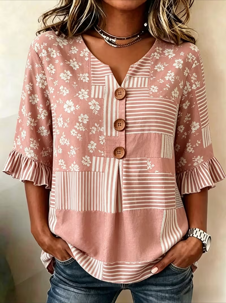 

V Neck Half Sleeve Striped Printing Regular Micro-Elasticity Regular Fit Blouse For Women, Pink, Blouses