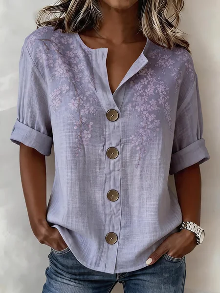 

Stand Collar Long Sleeve Floral Buckle Regular Micro-Elasticity Regular Fit Shirt For Women, Purple, Shirts