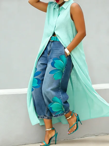 

Plus Size Cotton Casual Plain Buttoned Shirt Collar Shirt, Cyan, Plus Tops