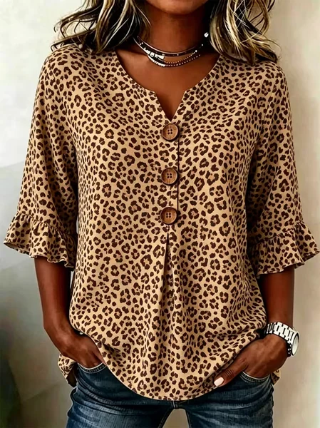 

Women Leopard V Neck Half Sleeve Blouse Printing Vintage Daily Summer Top, Brown, Blouses