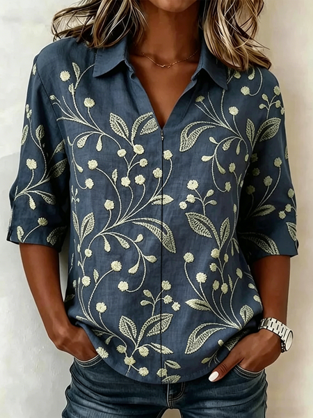 

Shawl Collar Half Sleeve Floral Lightweight Loose Shirt For Women, Navyblue, Blouses