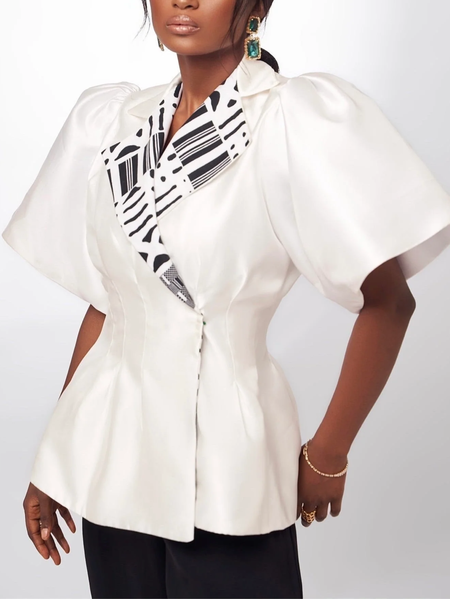 

Urban Puff Sleeve Geometric Color BlockLapel Collar Blazer, White, Blazers