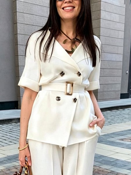 

Urban Buttoned Plain Lapel Collar Blazer With Belt, White, Blazers