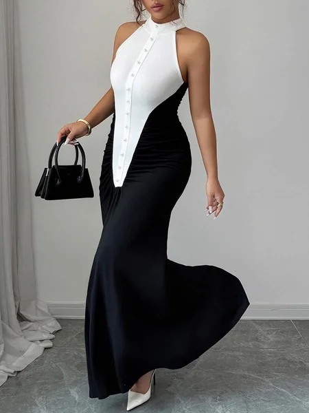 Urban Color Block Split Joint Halter Neck Maxi Dress