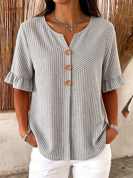 

Half Sleeve Striped Lightweight Loose Shirt For Women, Gray, Blouses