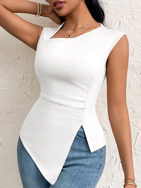 

Casual Plain Ruched Asymmetrical Tank Top, White, Tanks and Camis