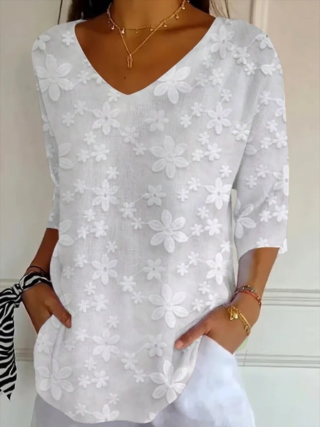 

Casual Floral V Neck Three Quarter Sleeve T-shirt, White, T-shirts
