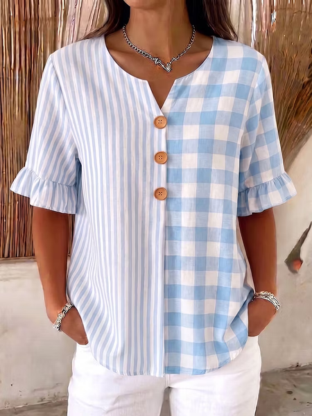 

Half Sleeve Striped Lightweight Loose Shirt For Women, Blue, Blouses