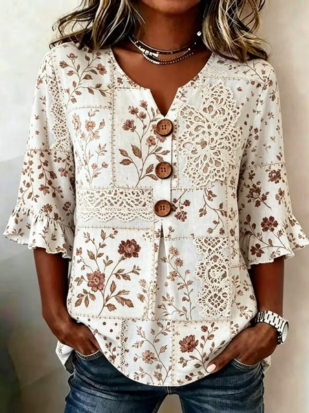 

Women Floral V Neck Half Sleeve Blouse Printing Vintage Daily Summer Top, Apricot, Blouses