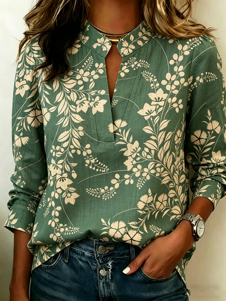 

V Neck Long Sleeve Floral Regular Loose Blouse For Women, Green, Blouses