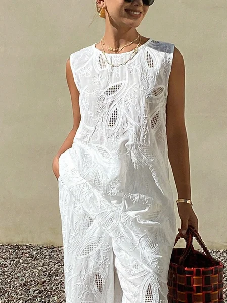 Cotton Casual Plain Embroidery Hollow Out Blouse