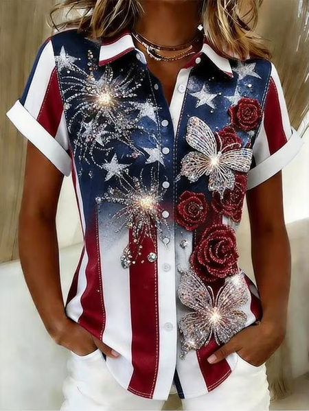 

Women Floral Shirt Collar Short Sleeve Shirt Printing Casual Daily Summer Top, As picture, Shirts