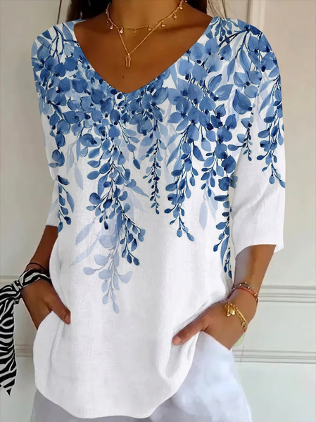 

Women Floral Three Quarter Sleeve Tee T-shirt V Neck Printing Casual Graphic Tee Spring/Fall Top, White, T-Shirts