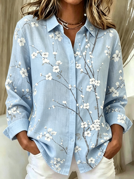 

Shirt Collar Long Sleeve Floral Regular High Elasticity Loose Shirt For Women, Aqua blue, Shirts