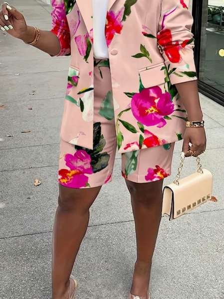 

Urban Floral Printing Straight Pants Shorts, Pink, Shorts