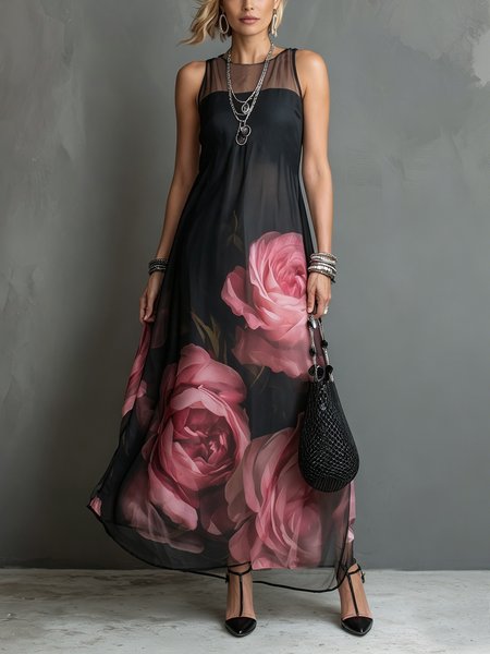

Elegant Floral Printing Crew Neck Maxi Dress, Black, Maxi Dresses
